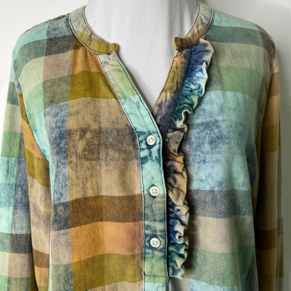 NWT Isabella Sinclair Women's Tan Green Button Down Long Sleeve Check Shirt S - Picture 2 of 9
